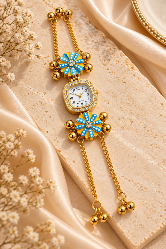 Gold-Toned Floral Bracelet Watch