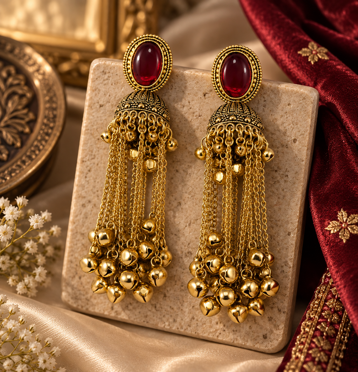 Premium Gold-Toned Maroon Stone Long Chain Jhumka Earrings