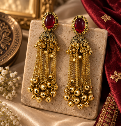 Premium Gold-Toned Maroon Stone Long Chain Jhumka Earrings
