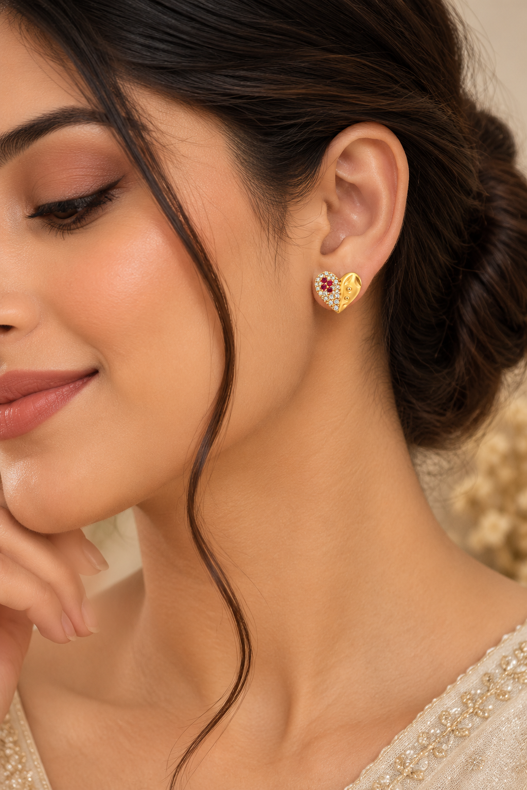 Premium Gold-Toned Heart Stud Earrings with Ruby Accents
