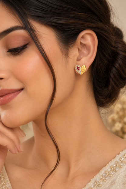 Premium Gold-Toned Heart Stud Earrings with Ruby Accents