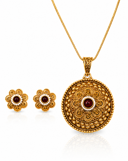 Antique Floral Medallion Pendant & Stud Set
