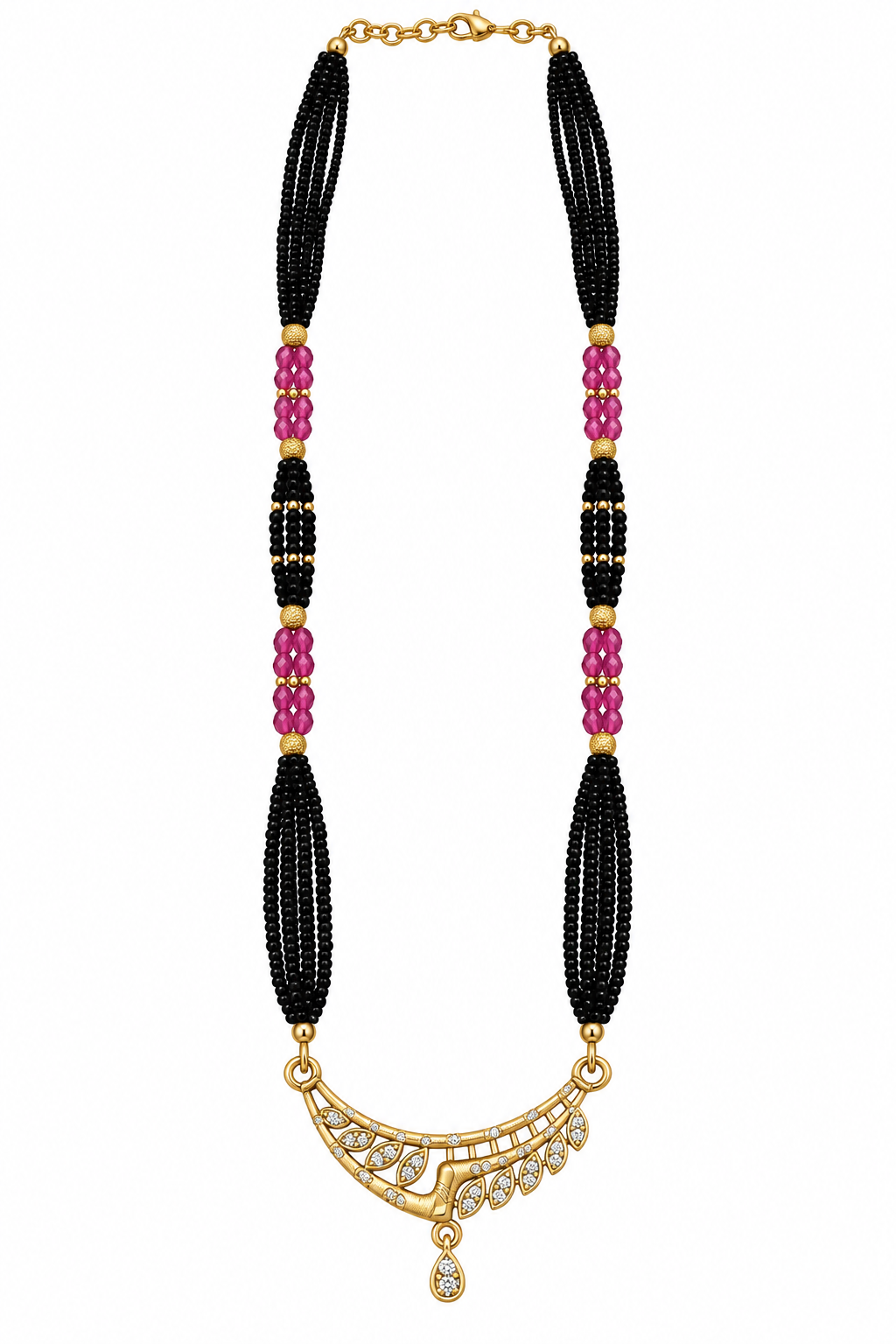 Premium Black & Pink Beaded Necklace with Gold-Toned Pendant