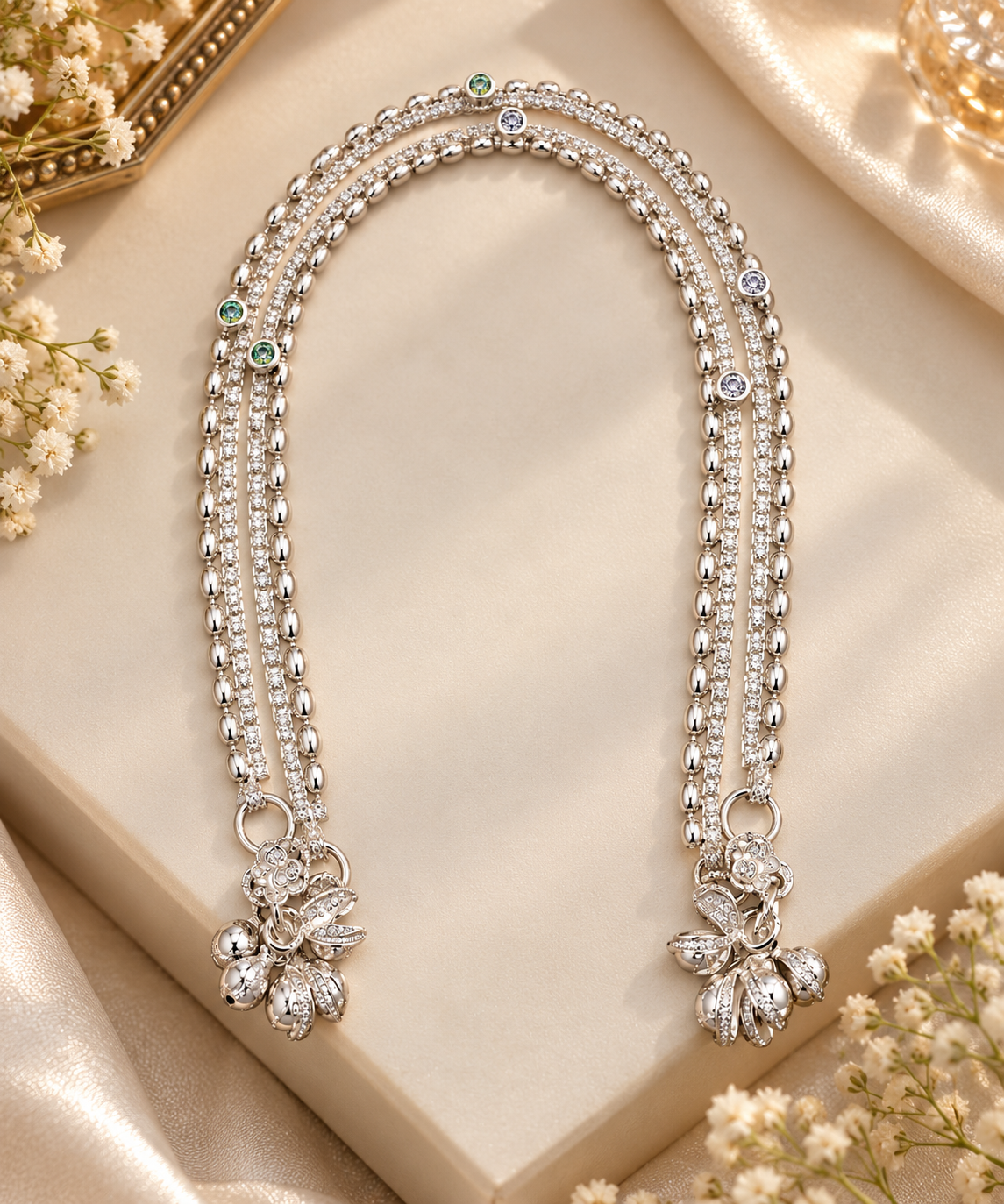Elegant Silver-Toned Double-Strand Payal with Floral Charms