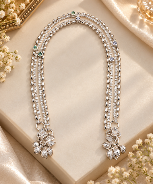Elegant Silver-Toned Double-Strand Payal with Floral Charms