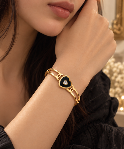Premium Gold-Toned Black Heart Crystal Statement Bracelet