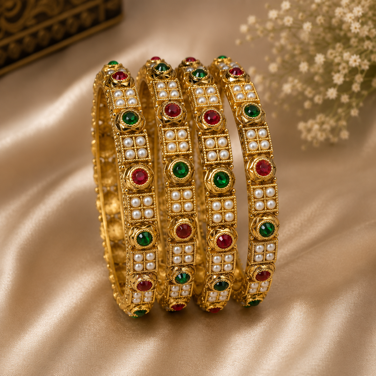 Antique Gold-Toned Multicolor Pearl Bangle Set