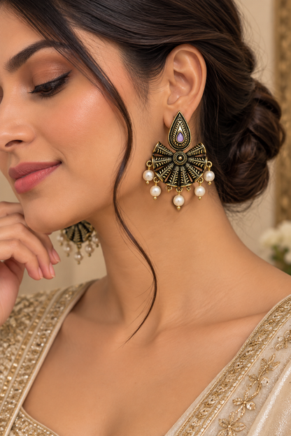 Premium Antique Gold-Toned Lavender Peacock Fan Statement Earrings