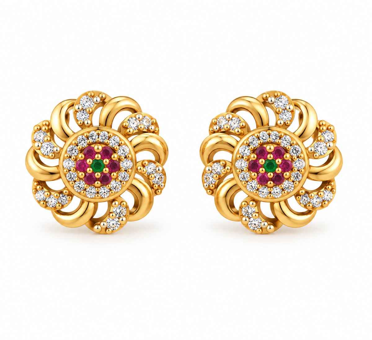 Premium Gold-Toned Floral Stud Earrings with Multicolor Stone Accents