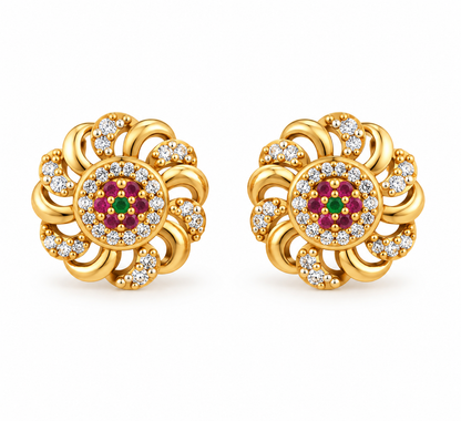 Premium Gold-Toned Floral Stud Earrings with Multicolor Stone Accents