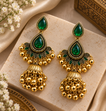 Premium Gold-Toned Emerald Green Teardrop Jhumka Earrings