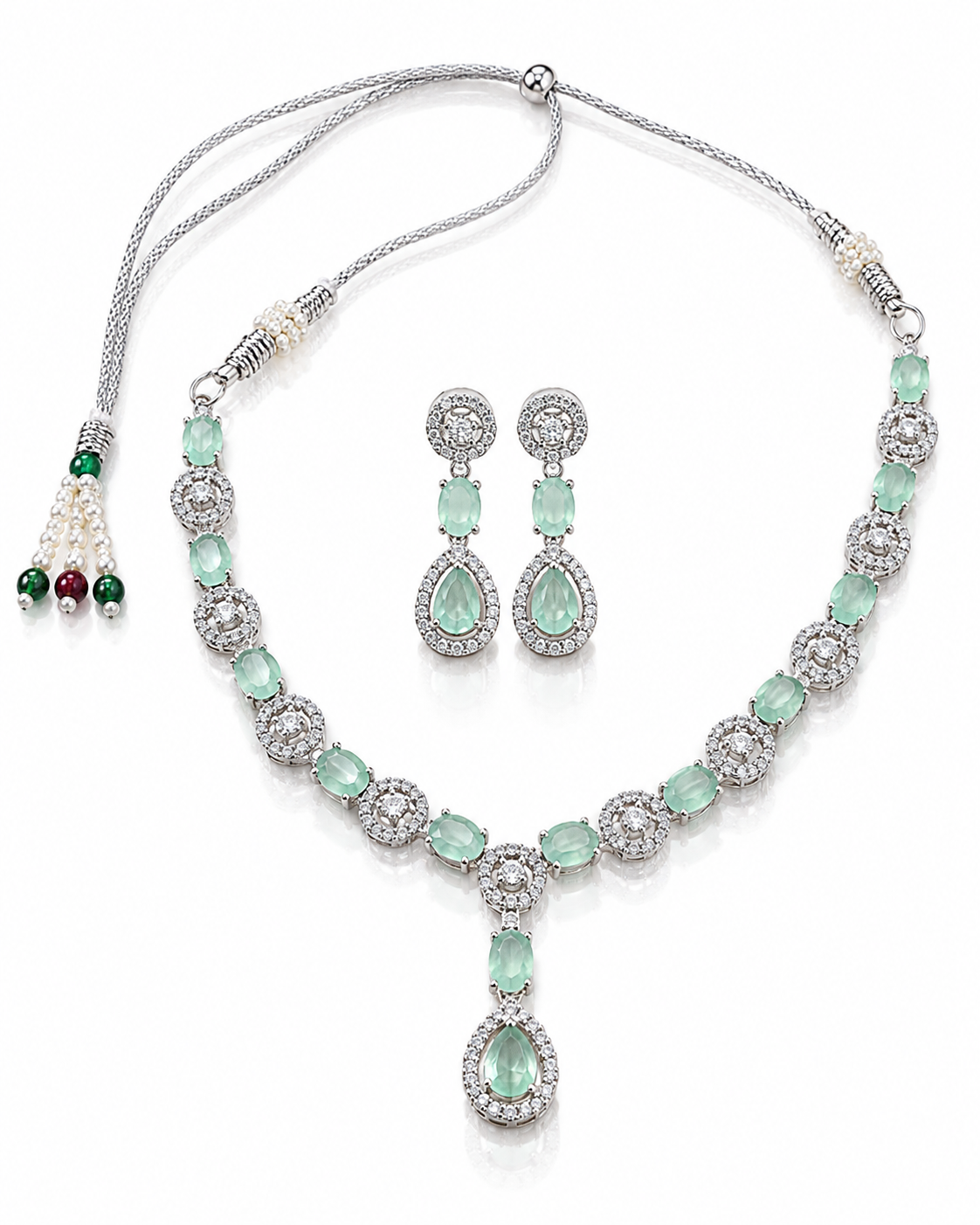 Silver-Toned Mint Green Crystal Necklace & Earring Set