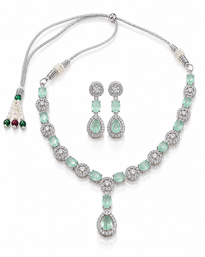 Silver-Toned Mint Green Crystal Necklace & Earring Set
