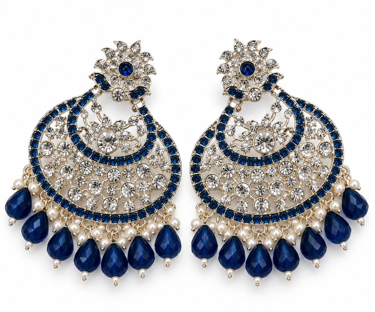 Premium Silver-Toned Blue Crystal Chandelier Statement Earrings