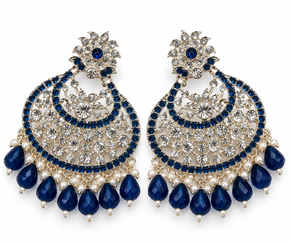 Premium Silver-Toned Blue Crystal Chandelier Statement Earrings