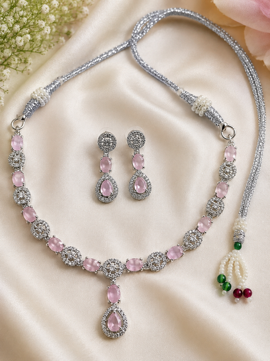 Rose Quartz Silver-Toned Necklace Set