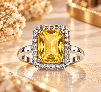 Golden Yellow Rectangular Halo Statement Ring
