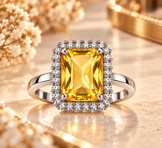 Golden Yellow Rectangular Halo Statement Ring