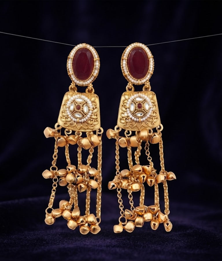 Premium Maroon Kundan Gold-Toned Long Jhumka Chain Earrings