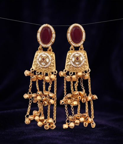 Premium Maroon Kundan Gold-Toned Long Jhumka Chain Earrings