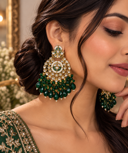 Premium Gold-Toned Kundan-Style Emerald Green Chandelier Earrings