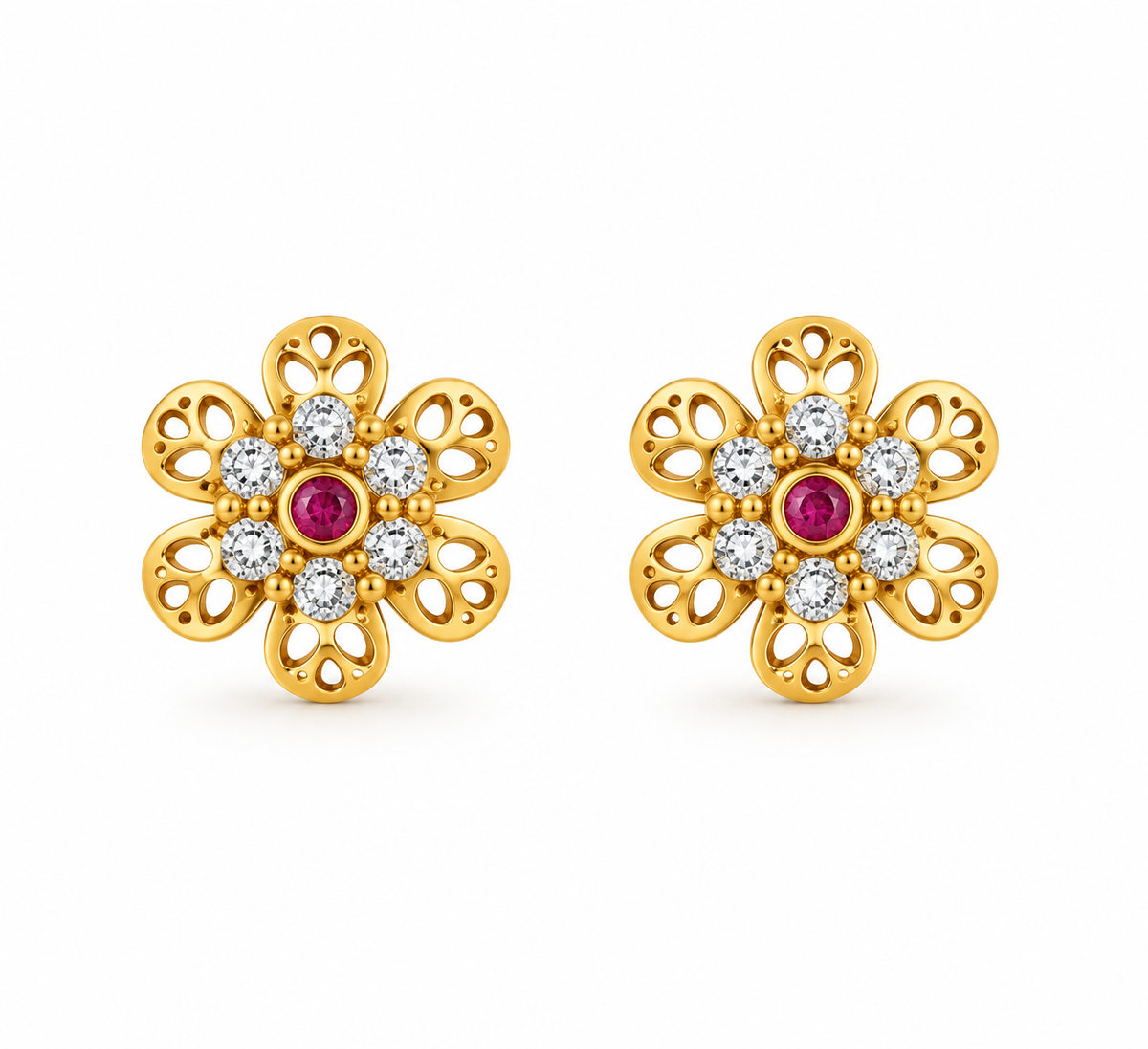 Premium Gold-Toned Floral Stud Earrings with Ruby Accents