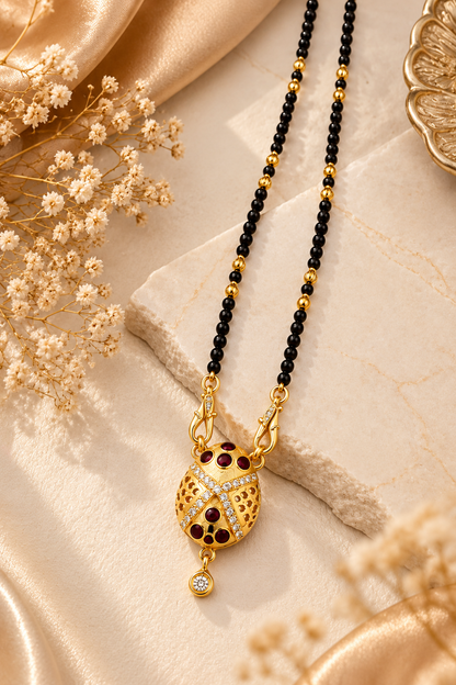 Elegant Black-Beaded Mangalsutra with Gold & Maroon Pendant