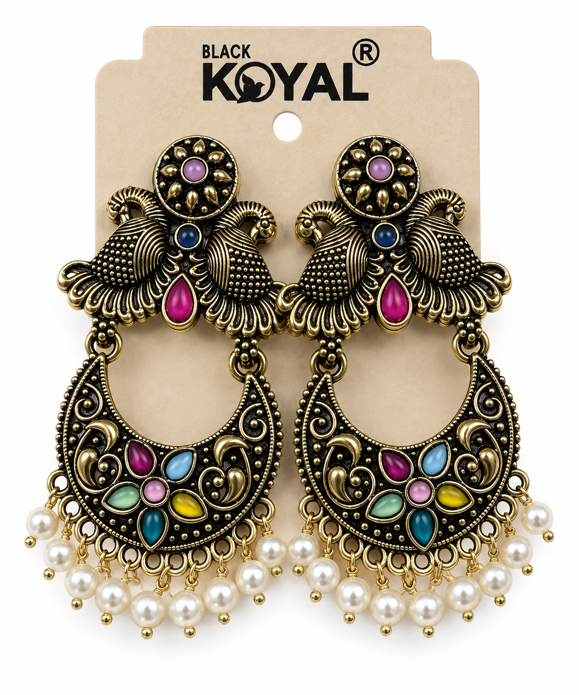 Premium Multicolour Oxidised Gold-Toned Chandbali Earrings