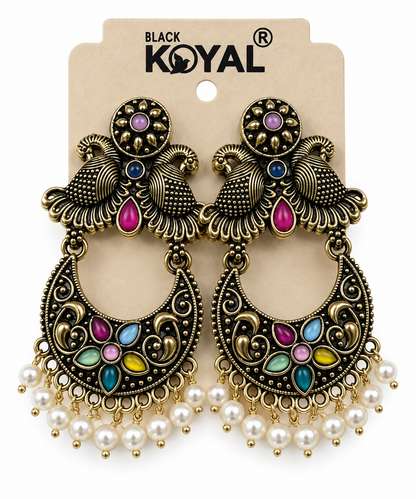 Premium Multicolour Oxidised Gold-Toned Chandbali Earrings