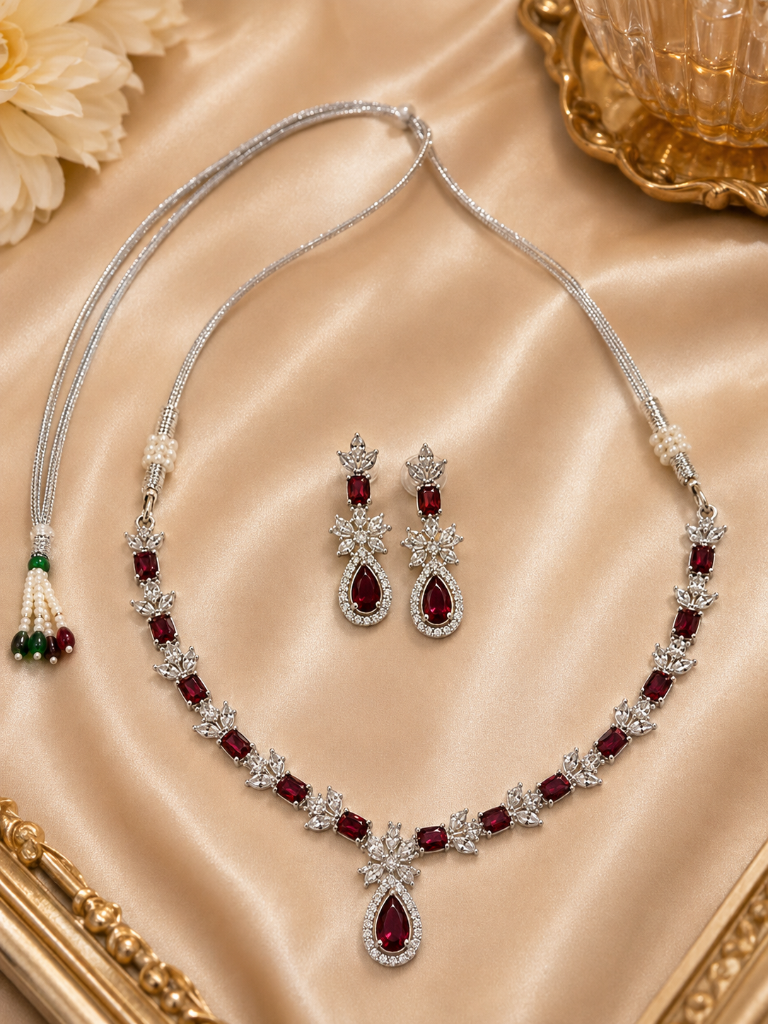 Elegant Ruby Red Teardrop Necklace & Earring Set
