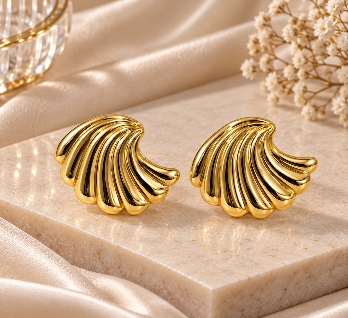 Gold-Toned Ribbed Fan Stud Earrings