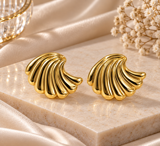 Gold-Toned Ribbed Fan Stud Earrings
