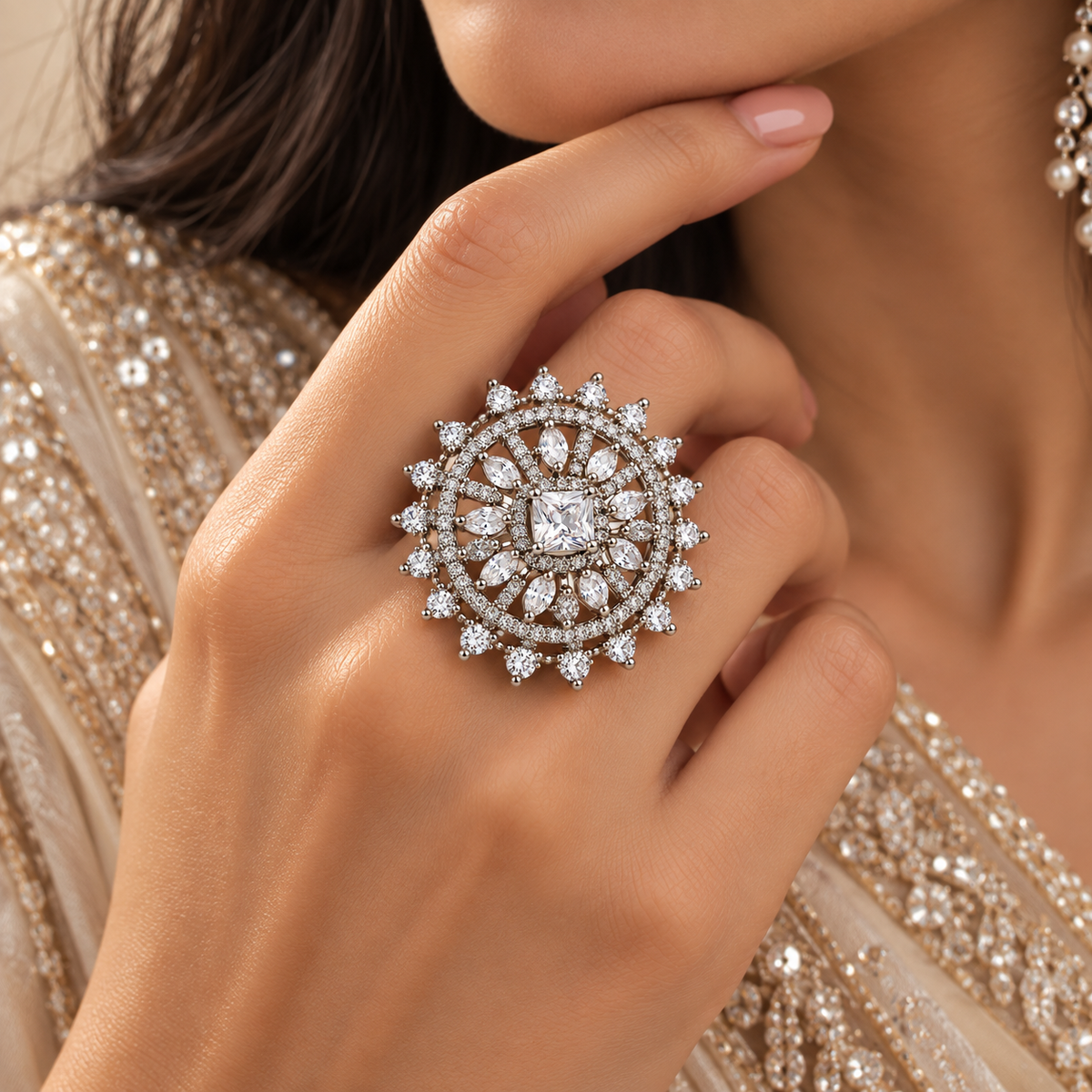 Premium Silver-Toned Crystal Statement Ring