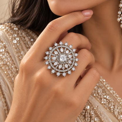 Premium Silver-Toned Crystal Statement Ring