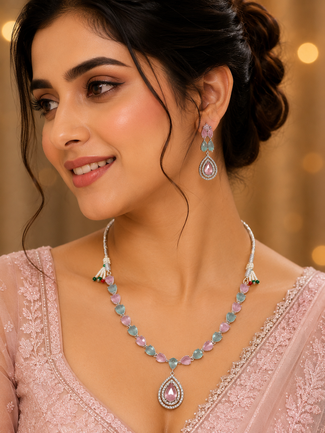 Silver-Toned Pink & Mint Stone Necklace Set