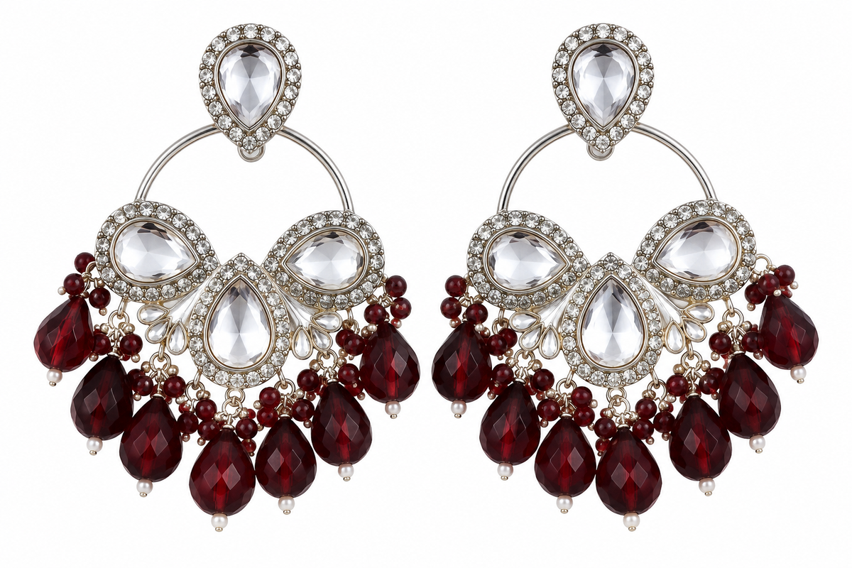 Premium Silver-Toned Crystal & Burgundy Chandelier Statement Earrings