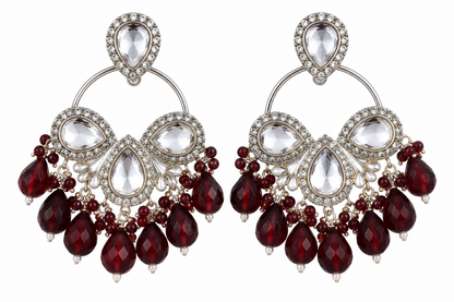 Premium Silver-Toned Crystal & Burgundy Chandelier Statement Earrings