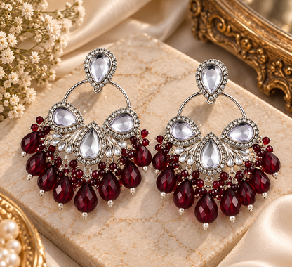 Premium Silver-Toned Burgundy Crystal Chandelier Statement Earrings