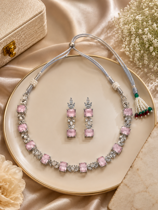 Elegant Silver-Toned Pink Stone Necklace & Earring Set