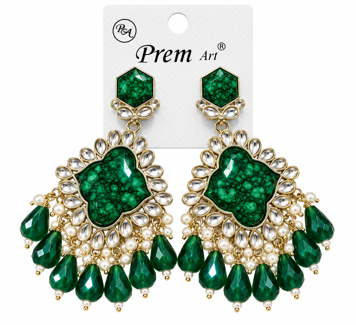 Premium Silver-Toned Emerald Green Kundan-Style Pearl Chandelier Earrings