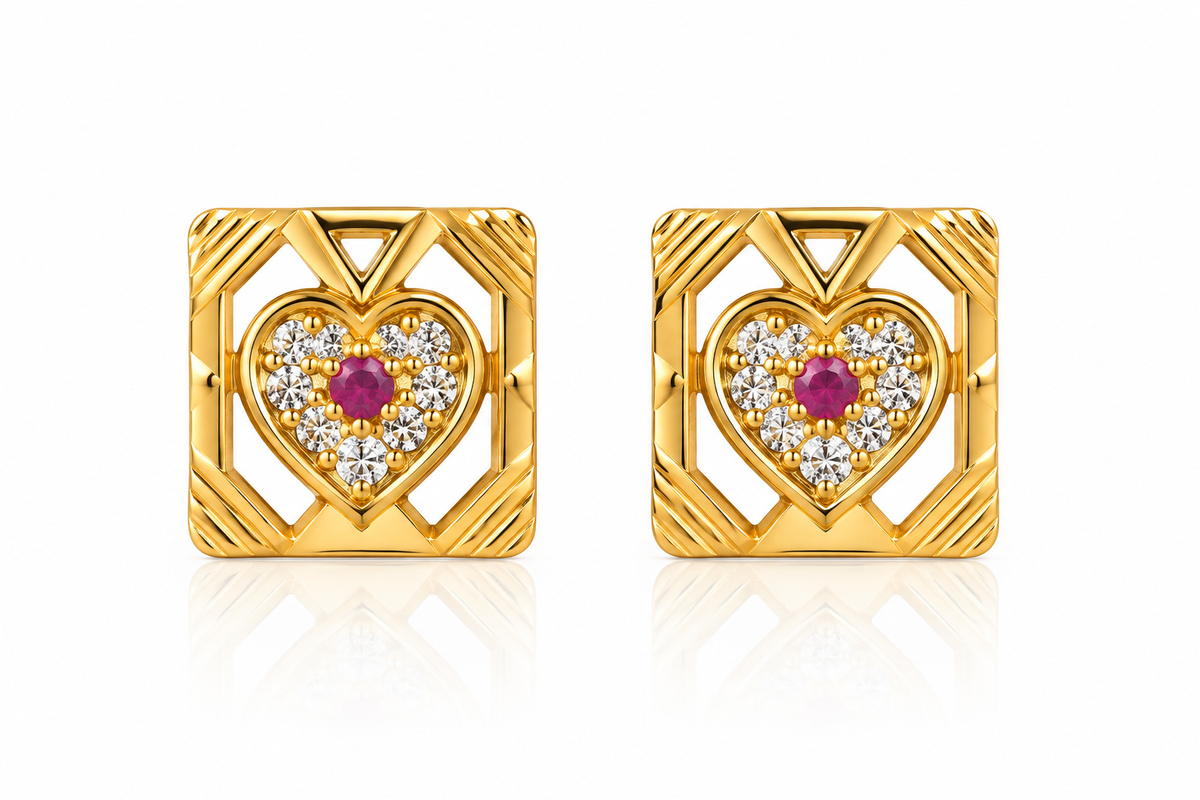 Gold-Toned Geometric Heart Crystal Stud Earrings