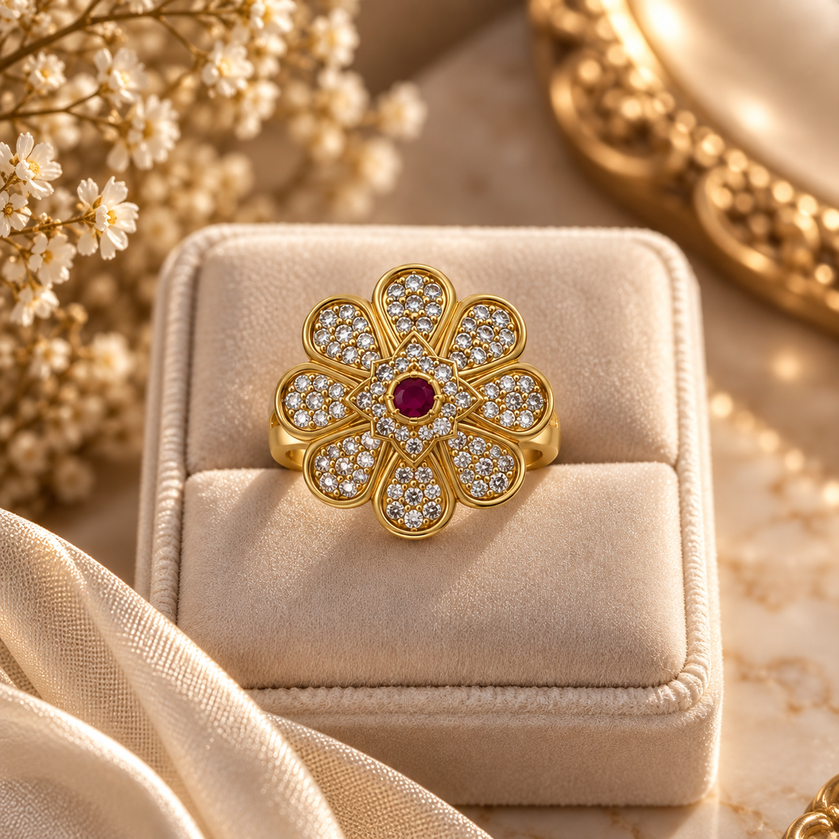 Gold-Toned Floral Ruby Statement Ring