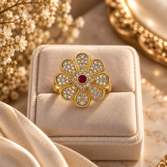 Gold-Toned Floral Ruby Statement Ring