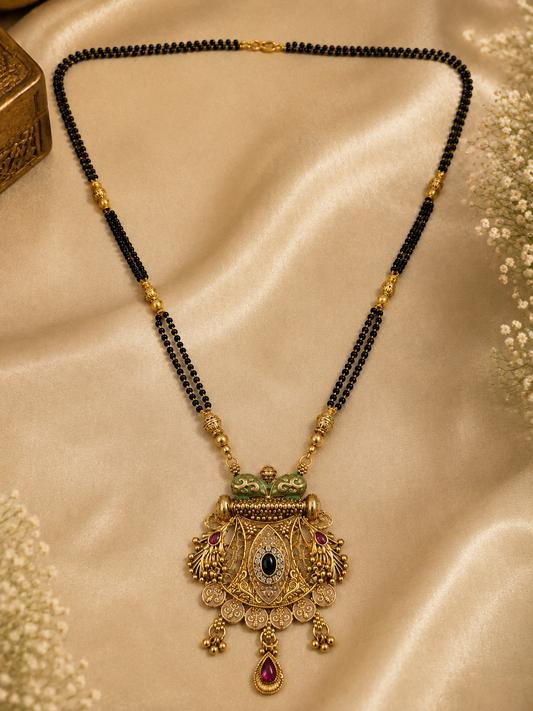 Antique Gold-Toned Multicolor Black Beaded Mangalsutra