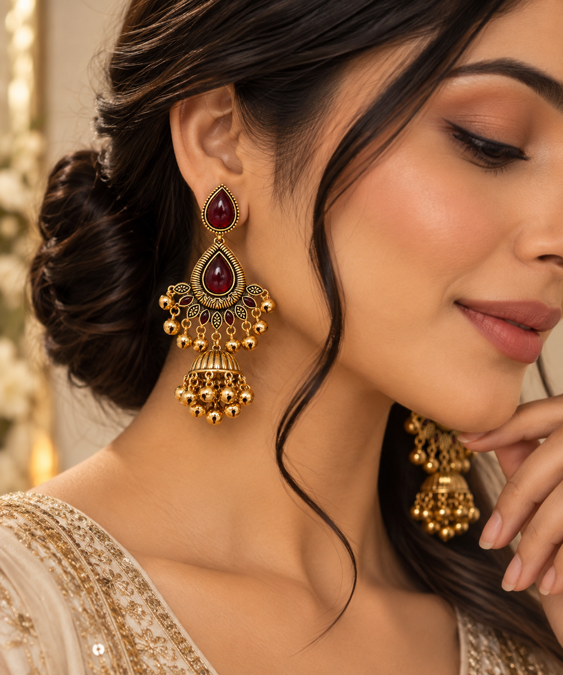 Premium Antique Gold-Toned Maroon Jhumka Chandelier Earrings