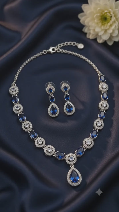 Silver-Toned Deep Blue Statement Necklace & Earring Set