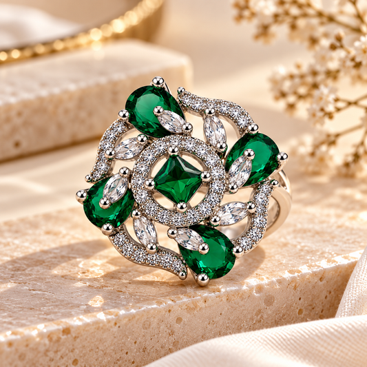 Emerald Green Floral Radiance Statement Ring